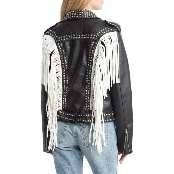 Azalea Wang Studded Black Faux Leather White Fringe Detail Moto Jacket - Picture 6 of 7